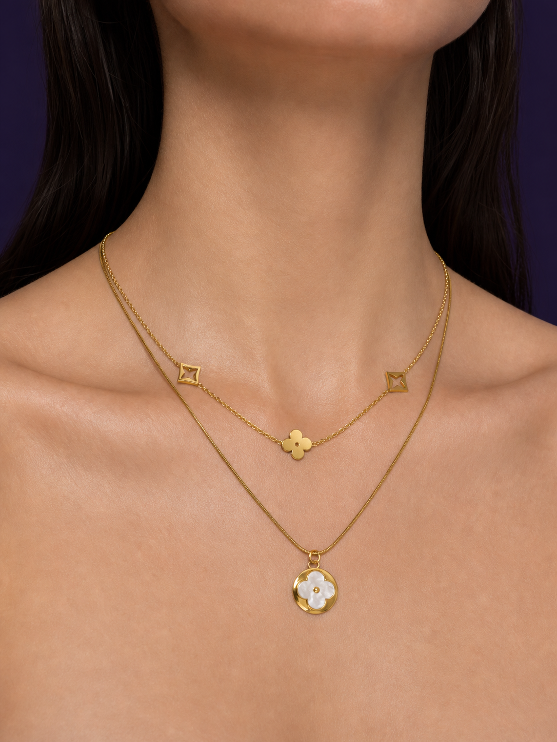 Double Chain White Clover Pendant — Gold