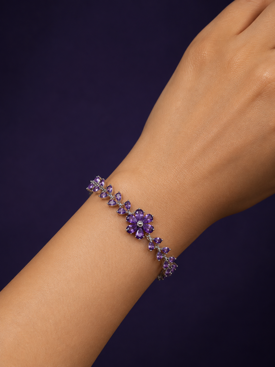 Purple Floral Crystal Bracelet — Silver